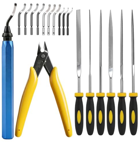 GWJX Handentgrater Werkzeug Set für 3D-Druck, 10 wechselbare Klingen, 6 Feilen, Seitenschneider, 360° rotierender Metallgriff Entgratwerkzeug, zum Entgraten, Glätten, Polieren für Modellba