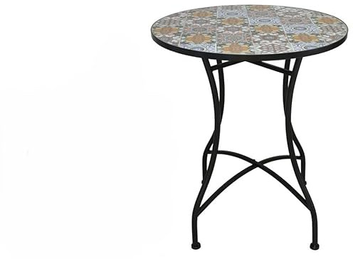 Gerimport Mesa de Mosaico Cerámico Alcazar, Redonda, Estructura Metálica Negra, 60 cm Diámetro, Terraza y Jardín