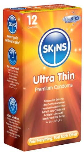 Skins AMSKUT12 Ultra Thin Premium Condoms Multipack, No Latex Smell and Extra Lubrication, Pack of 12