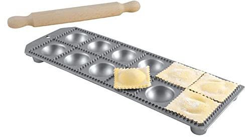 Eppicotispai Ravioli-Maker aus Aluminium mit 12 Löchern, rund, mit Nudelholz