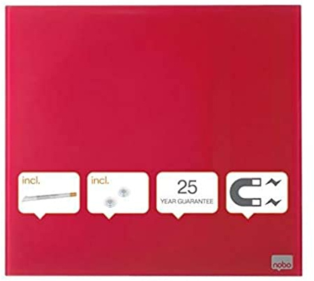 Nobo Glas-Whiteboard Kleine Magnetische Wandtafel, Trocken Abwischbare Glas-Oberfläche, Rahmenlos, Unsichtbare Wandmontage, 300 x 300 mm, Inkl. Markerstift und Magneten, Rot, 1903954