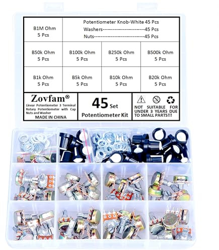 WH148 Potentiometer Kit - 45 Sets 1K 5K 10K 20K 50K 100K 250K 500K 1M Ohm B-Type Linear Potentiometers, 15mm Shaft with Knobs, Nuts & Washers – 3 Pin Variable Resistor Set for Electronics & DIY Projec