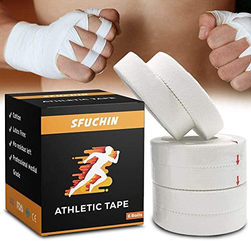 White Athletic Tape (6 Pack 0.5 30ft) - Finger Tape - Medical Tape - Foot Tape - No Sticky Residue & Easy to Tear - for Rock Climbing, Jiu-Jitsu, Grappling, Martial Arts, Hockey Stick, Lifters
