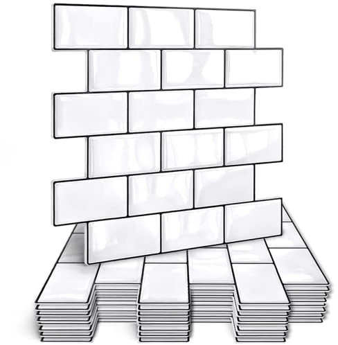 HyFanStr Thickened Self Adhesive Wall Tiles Kitchen Backsplash, Waterproof Stick, 3D Peel and Stick Bathroom Subway Tiles (10, White)