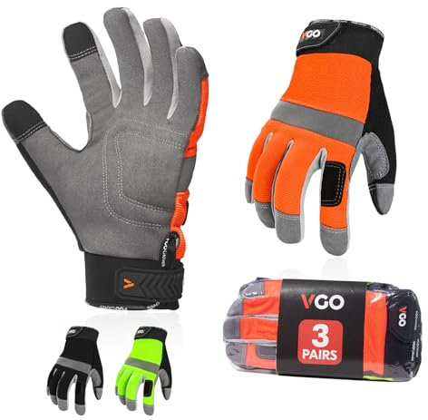 Vgo... 3 Paar Herren Sicherheitshandschuhe, Touchscreen, Praktische Arbeitshandschuhe für Gartenarbeit, Lager und leichte Mechanikerarbeiten (3 Paar, Größe XL, Orange, SL7584)