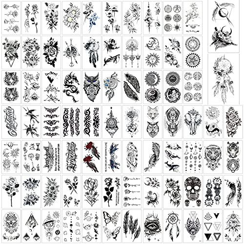 VEGCOO 80 Feuilles Tatouages Ephémères, Tatouages Temporaires Noir, Faux Tatouage Imperméables à l'eau, Tattoo Ephémères pour Hommes/Femmes/Filles/Enfants Halloween