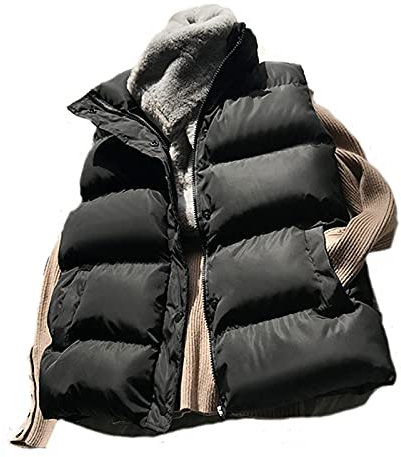SHOUJIQQ Damen Kurze Steppweste - Baumwolle Daunenweste Winter Lose Weste Mantel, Frühling Ärmellose Baumwolle Wattierte Weste Jacke Für Damen Winddichte Warme Weste,Schwarz,Mittel