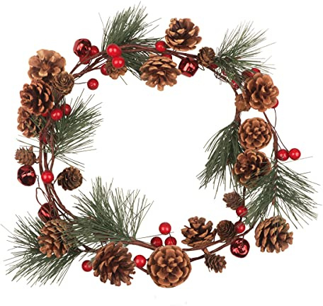 Songjum 200cm Weihnachtsgirlande mit Roten Glöckchen Künstliche Girlande Weihnachten Weihnachtskranz Deko mit Roten Beerenzweigen Tannenzapfen für Tür Kamin Treppe Kaminsims Außenfensterbank