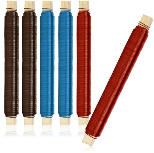COM-FOUR® 6x blomtrådsset, bindtråd målad brun, röd och blå, inlindad på en träpinne, 600 g (röd + blå + brun)