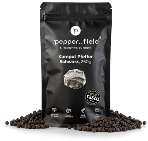 Pepper Field Poivre de Kampot noir - Poivre noir de première qualité en grains entiers du Cambodge, frais & aromatique, grains de poivre entiers pour le moulin & la cuisine (250g)