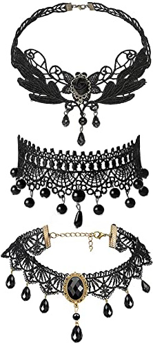 JewelryWe Schmuck 4 PCS Maske Halskette Handschuhe Set Schwarz Sexy Venezianische Spitze Augenmaske Choker Kette Halsband Fingerhandschuhe Damen Maskerade Kostüm für Halloween Karneval Party Cosplay