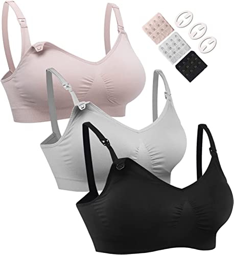 HOFISH 3-pack full byst sömlös amning moderskap BH Bralette S-XXL med extra BH-förlängare och klämmor, 3 pack: Svart/Grå/Elegant Rosa, M
