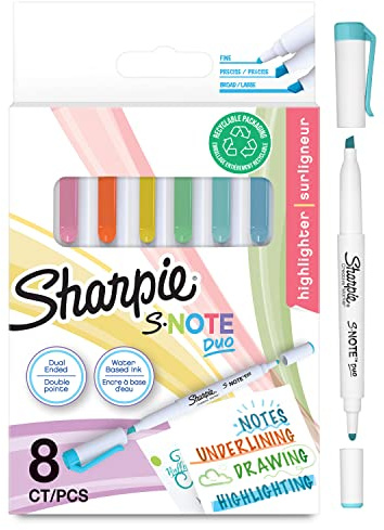 Sharpie S-Note Duo evidenziatori | Pennarelli creativi a punta doppia in colori pastello | Punta a proiettile e punta a scalpello per sottolinearedisegnarebullet journal e altro ancora | 8 pezzi