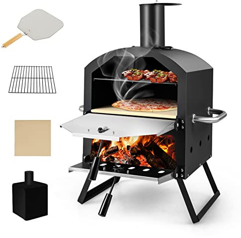 GYMAX Four à Pizza Extérieur Mini, Fours à Pizza au Bois avec Pierre à Pizza, Pelle à Pizza, Jambes Pliantes et Poignées Portables, Ventilateurs Ajustables, Couvercle Imperméable