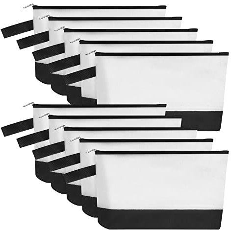Sinzip 10 Stück Baumwoll-Leinen-Make-up-Tasche mit Boden und Riemen, Mehrzweck-Kosmetiktasche mit Reißverschluss, Reise-Kulturbeutel, Blanko-DIY-Basteltasche, Weiß/Schwarz, M, Leinentaschen