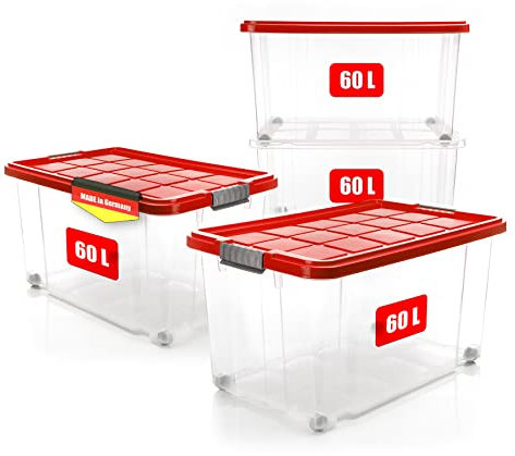 BigDean 4 Stück 60 L Aufbewahrungsbox mit Deckel groß rot - stapelbare robuste Box rollbare Stapelbox mit festen Klickverschlüssen - Made in Germany