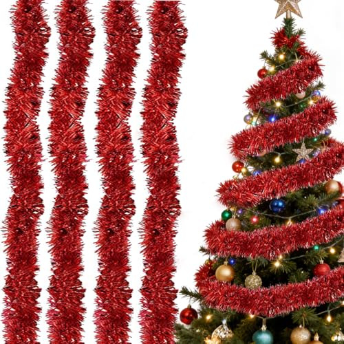 4X Lametta Girlande Rot (Je 2m) – Extra Breite & Volle Weihnachtsbaum Girlande mit Frost-Effekt | Glänzende Christbaum G-irlande als traditioneller Weihnachtsbaumschmuck & Partydeko, Wiederverwendbar