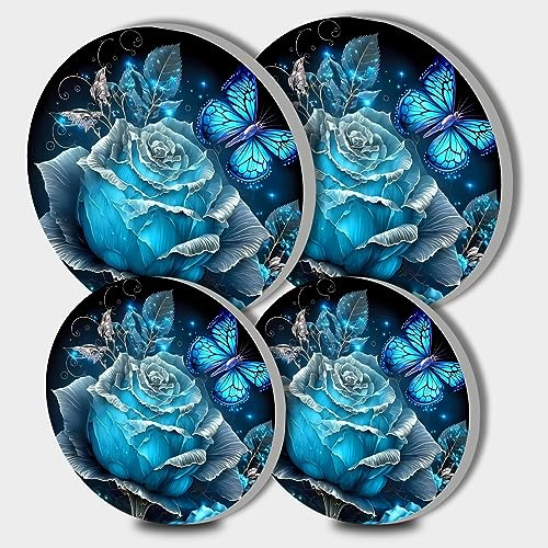 Walarky Blue Rose Butterfly Picture Round Hob Covers 4-Piece Stove Plate Cooker Hob Covers for Cookers Top Burner Gas Range Protector Cookware Accessories Cooktop Decorative Decor