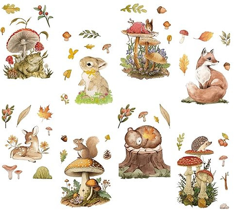 CRASPIRE 8 Sheets Mushroom Window Stickers Animal Rabbit Fox Deer Window Clings Self-Adhesive Wall Decor Decals for Bedroom Living Room Window Stairway Showcase Home Decorations