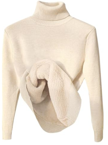 Minetom Pull Col Roulé Femme Pullover Manches Longues Doublé Polaire Pull Basique Chandail Casual Chaud sous-vêtement Thermique Hauts Tops A Beige L