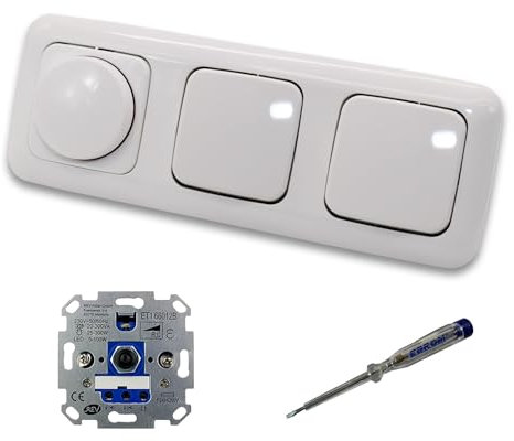 REV Ritter LED Drehdimmer Dimmer + Busch Jäger Dimmerscheibe 2115-214 und 2 x Lichtschalter 2000/6 US in Reflex Si alpinweiß glänzend inklusive EBROM Phasenprüfer zur Montage der Geräte ET1 66012B