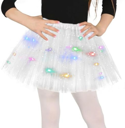 Weiß Tüllrock Mädchen, Sterne Pailletten Tanzkleid, Dehnbaren Minirock Mit LED Lichter, 30cm kleine Mädchen Tütü Rock Ballettrock für Fasching Halloween Karneval, Ballett Dress für 3-8 Jahre Kinder