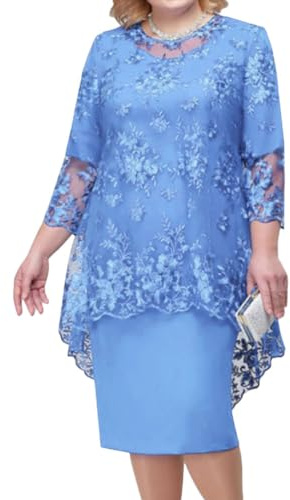 shownicer Vestito Due Pezzi Donna Elegante Ricami Pizzo Vestiti Manica 3/4 Taglie Forti Vestito da Sera Cerimonia Cocktail Abiti al Ginocchio A Azzurro XL