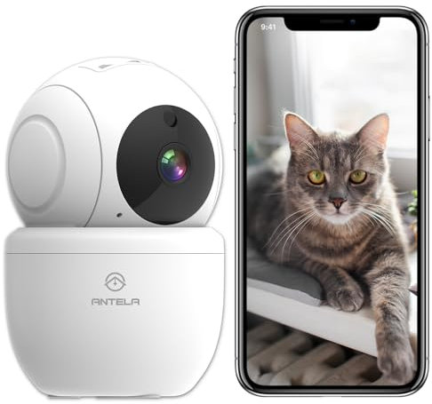 ANTELA Cámara de vigilancia WiFi Interior 1080P, 2,4GHz /5GHz cámara IP WLAN, 355°/80°, visión Nocturna IR y detección de Movimiento, Audio bidireccional, Compatible con Alexa/Google Home