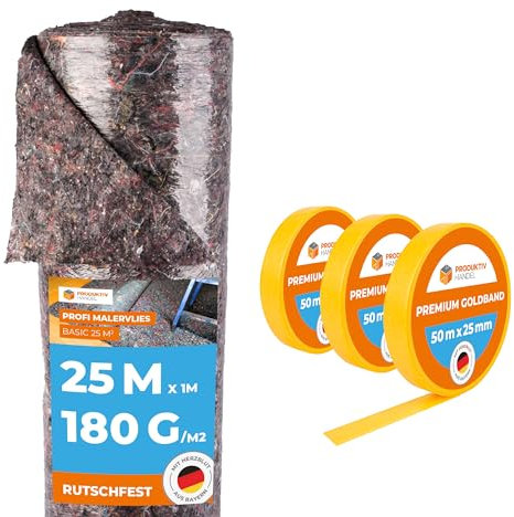 Malervlies Rolle 25m x 1m 180g/m² Abdeckvlies in Profi-Qualität PE Anti-Rutsch Beschichtung & 3 Rollen Goldband Klebeband | Malerfliesrolle Abdeckflies als Bodenschutz
