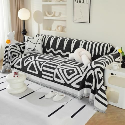 Royhom Sofa Überzug Boho, Sofabezug L Form, Couch Überzug Ecksofa, Sofaüberwurf 3 Sitzer, Couch Überwurf mit Deko Quasten, Schwarz Sofa Überwurf(Boho Schwarz, 180x340cm)
