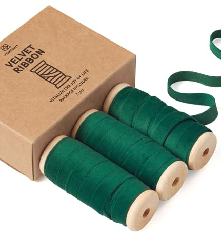 Vitalizart Dunkelgrünes Samtband Set 0,95 cm x 13,7 m mit Hölzernen Spule | Geschenkband 3 Rollen x 4,57 m für Weihnachten Kranz Dekoration Handgemachte Handwerk Ornamente & Geschenkverpackungen