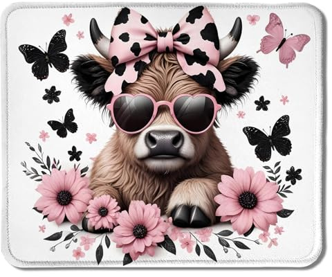 Highland Cow Mouse Pad, Coquette Pink Bow Floral Cow Mouse Pads for Wireless Mouse Computers Laptop Desk Accessories, Highland Cow Gifts, Cow Gifts for Cow Lovers, 9.5x7.9 Inch