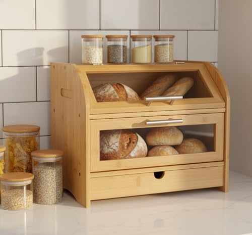 Maison Des Cadeaux Bamboo Bread Bin 3 Compartment Loaf Double Layer Storage Rack Box With Drawer