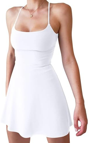 ThreeH Robe d'été pour femme avec pantalon court sans manches | Bretelles réglables, short intégré