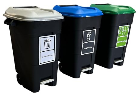 Simpler Recycling Station - Wheelie Bins with A4 Stickers - 80 Litres, Recycle Station, Recycle, Pedal, General Waste, Mixed Recycling, Food Waste