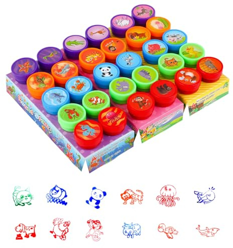RMIVEGLIA Set de 30 Sellos Infantiles – Sellos para Niños Autotintables con Dibujos de Animales, de Plástico en 5 Colores, Regalos Cumpleaños Niños Colegio, Detalles para Fiestas.