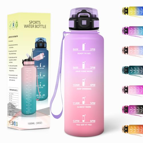 Borraccia, 1500ML Con Paglia, Borraccia Palestra Senza BPA, Borracce con Cannuccia, Bottiglia d'acqua Motivazionale con Indicatore del Tempo, Bottiglia Acqua per Palestra - Lilla chiaro&Rosa chiaro