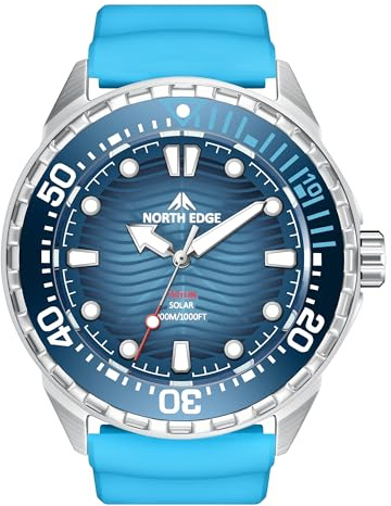 NORTH EDGE Triton - Reloj de Buceo con energía Solar para Mujer y Hombre, Resistencia al Agua 300 m/1000 pies, Esfera Luminosa, Azul