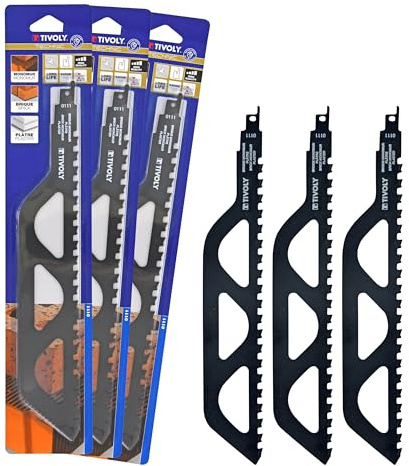 TIVOLY - Lot de Lames de Scie Sabre Spéciale Brique, Plâtre et Monomur - 3 Lames avec Dents en Carbure de Tungstène - Attache Universelle