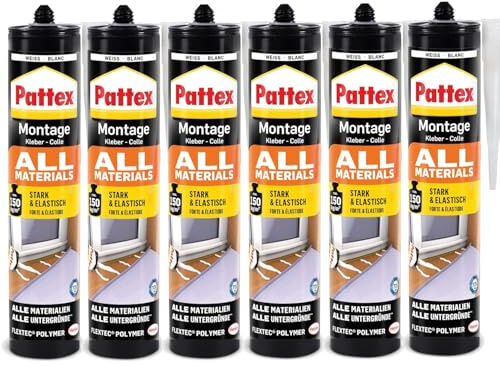 Pattex Montagekleber All Materials, Kartusche, weiß, 6x 450g | Universalkleber für alle Materialien – zuverlässige Haftung auf Holz, Stein, Metall & mehr
