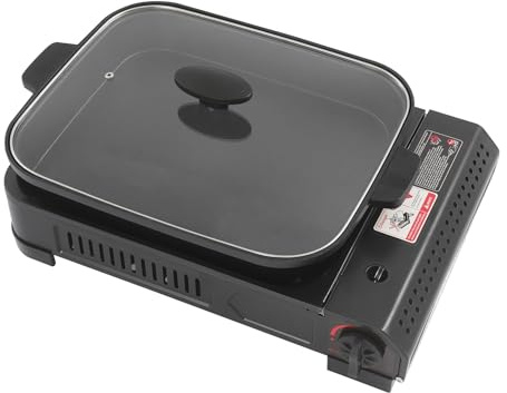 Réchaud de camping à gaz 1 feu avec plaque de cuisson, couvercle, acier inoxydable portable 2,1 kW cuisinière à gaz de camping pour extérieur, camping, arrière-cour 45 x 30,5 x 8,5 cm (poêle à griller