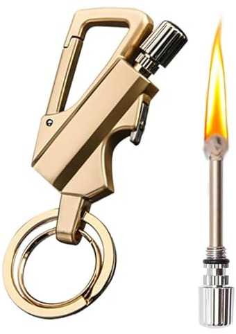 Briquet à kérosène en métal Pratique avec Porte-clés, décapsuleur Multifonction, briquets réutilisables, adapté aux Cadeaux for Hommes en Plein air(Gold)