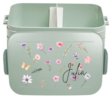 Mepal Lunch Box Take a Break Personalizzato, Contenitore per il pranzo con separatore, Lunch Box con nome, Bento Box Separatore Stampa Colorata Fiori Midi Menta