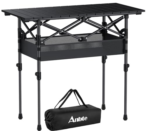 Anbte 3ft Aluminum Roll Top Folding Camping Table, Portable, 82x40cm, Black | 2 Heights, with Storage Net & Bag, Support 45 kg, Lightweight Roll Up Table for Tailgating Outdoor Cooking BBQ Patio Travel