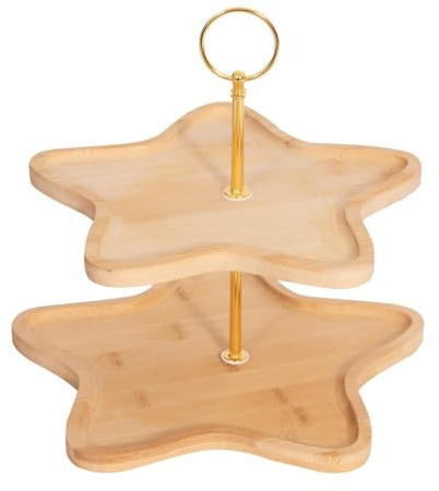 Two Tier Star Bamboo Serving Stand with Gold Handle – 22cm Top, 25cm Bottom, 23.5cm Tall – Festive Wooden Cake Stand for Christmas Dinner, Afternoon Tea, Buffets & Party Snacks