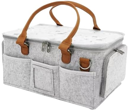 flaxarne Storage Box Felt Organizer with Compartments and Leather Handles, Foldable Bin, Caddy for Crafts, Sewing, Car & Home, Grey, 38×25×18 cm