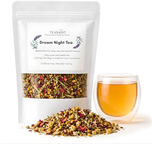 TeaSaint Dream Night Sleep Tea – Calming Herbal Loose Leaf Blend with Chamomile, Lavender, Lemon Balm & Rose Petals – Caffeine Free Bedtime Tea with 10 Biodegradable Tea Bags (100g)