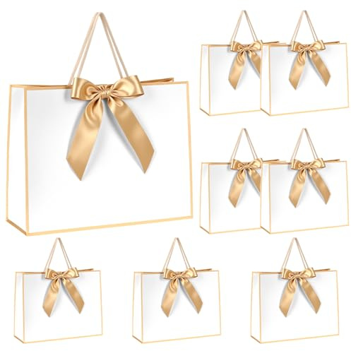 QWORK® Geschenktüten mit Goldrand & Schleife, 8 Stück (32x25x10cm) – Edle Papiertüten für Hochzeit, Geburtstag & Weihnachten – Weiß-Gold