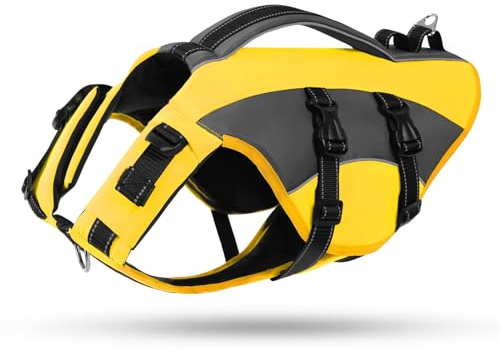 CITÉTOILE Giubbotto di Salvataggio per Cani, Salvagente Cane Regolabile Ripstop, con Maniglia e Strisce Riflettenti, per Gli Sport Acquatici, Dog Life Jecket, Giallo, M