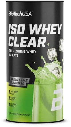 BioTechUSA Iso Whey Clear | isolato di siero rinfrescante e fruttato | Alto contenuto proteico | Con aminoacidi | Senza lattosio, Senza zucchero, Senza glutine | 400 g, Mela Verde